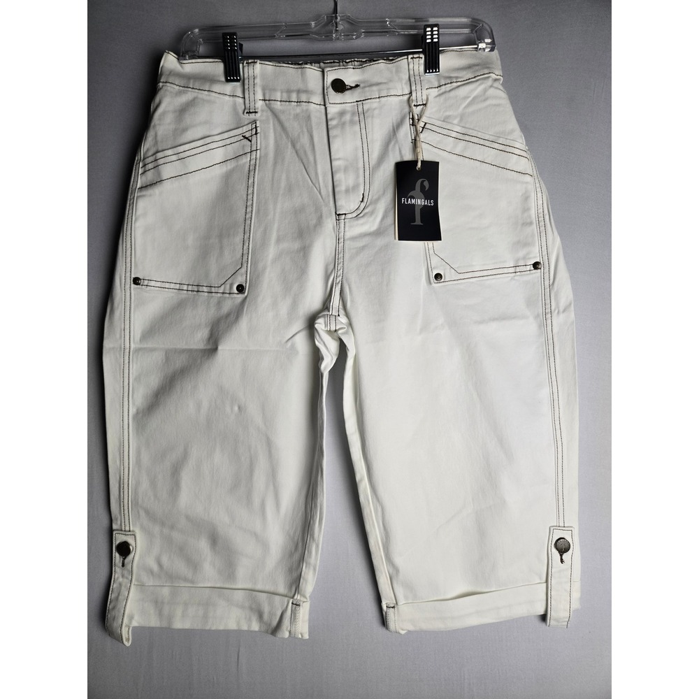 Flamingals Womens White Cargo Capri Pants Contrast Stitch Utility Cropped XL